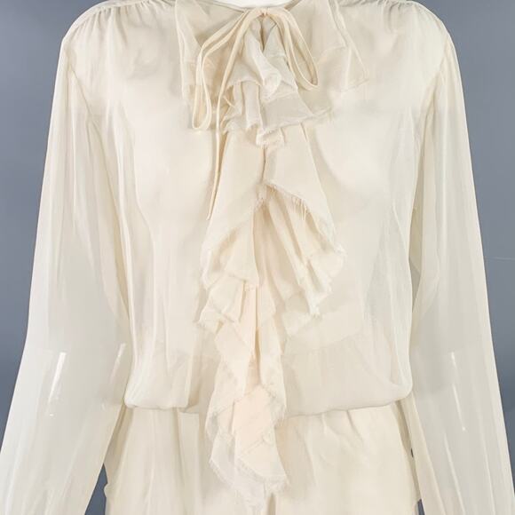 VINCE Size M Cream Silk Chiffon Ruffled Elastic Waistband Casual Top - Picture 2 of 8